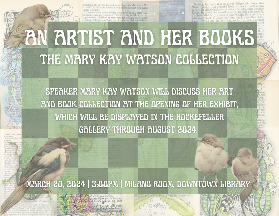 A postcard advertising the event details, listed below, and featuring Mary Kay Watson's art. 