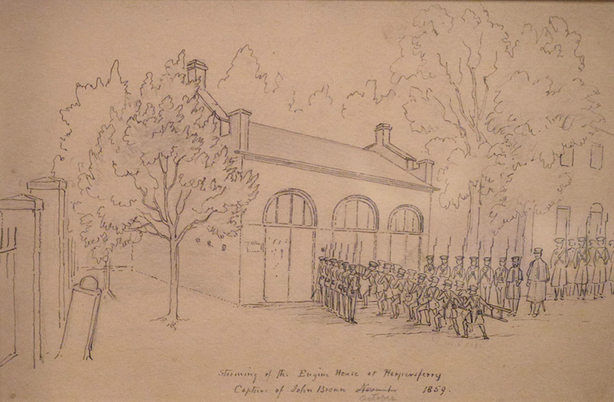 A pencil sketch showing a building with three archways being stormed by a group of people 