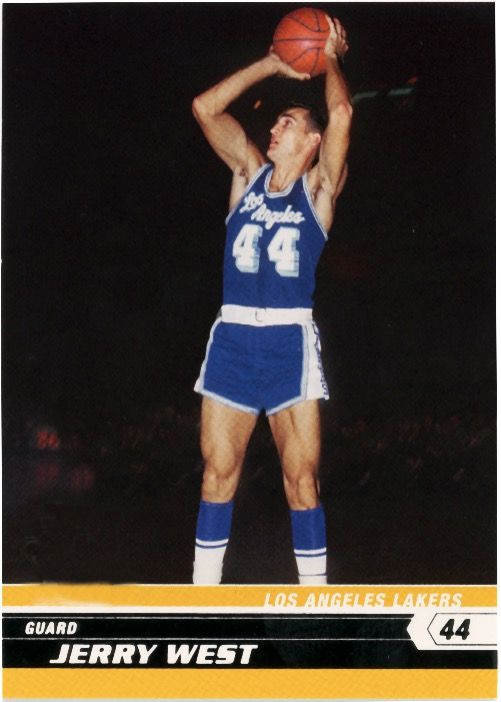 Jerry West on the court ina blue lakers uniform, about to shoot the ball