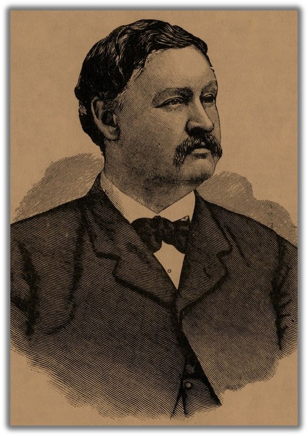 a man, probably in his 30's or 40's, with a mustache, wavy hair and a serious expression as he looks to the side. He has a jacket, a white shirt and bowtie