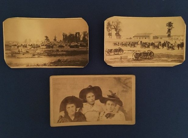 Three CDV images displayed on a dark blue mounting board: two landscapes and one of three women wearing wide-brimmed hats