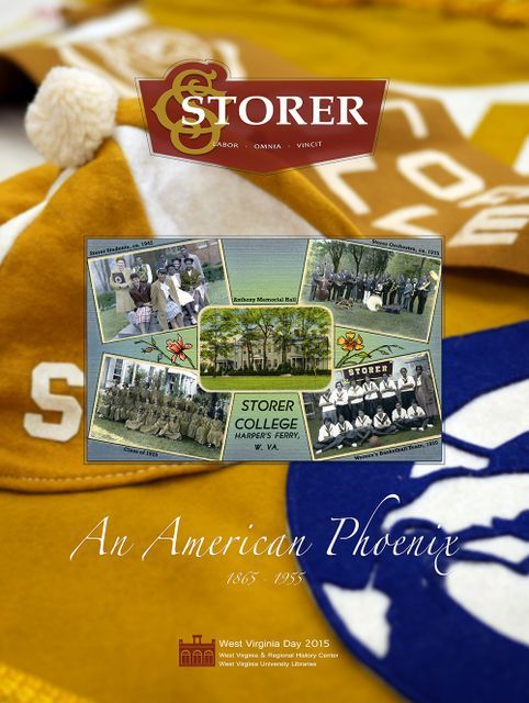 Five photos of students in black and white are arranged over a muted green background in the center. Behind, blue and gold Storer College branded products  lays on a table. 