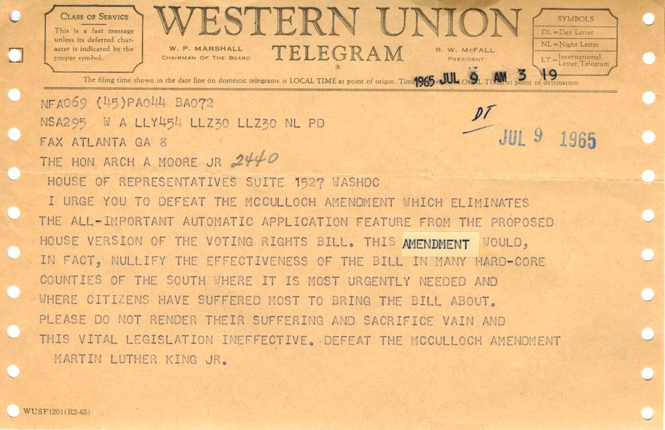Telegram from Martin Luther King Jr. about the Voting Rights Act