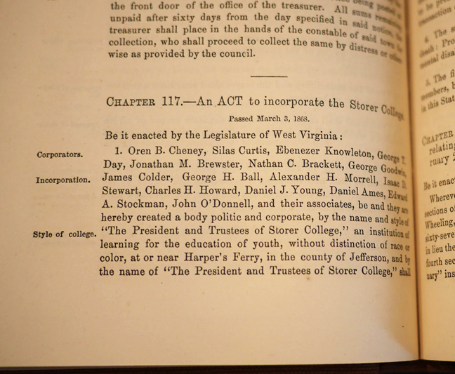 A page from a printed book of "An Act to Incorporate the Storer College," passed March 3, 1868.