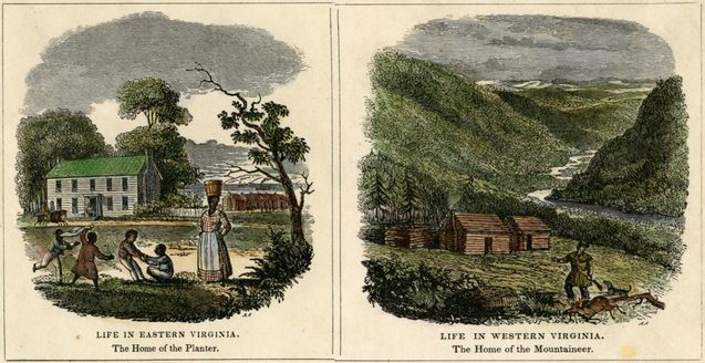 Sketches by Henry Howe illustrating the differences between life in eastern Virginia (agriculture, slavery) and western Virginia's more rugged lifestyle.