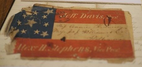 Envelope from Miss Kennedy's letter to her husband, 1861. It is a union flag that is worn around the edges 