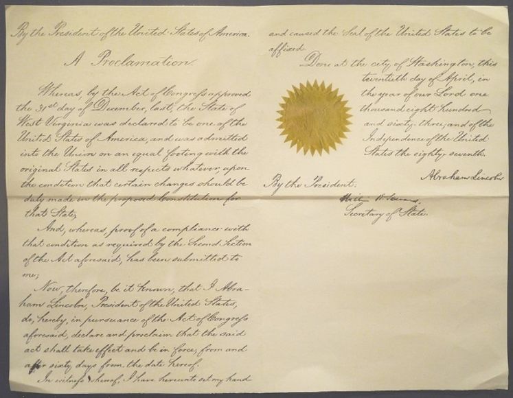 A document proclaiming West Virginia's statehood 