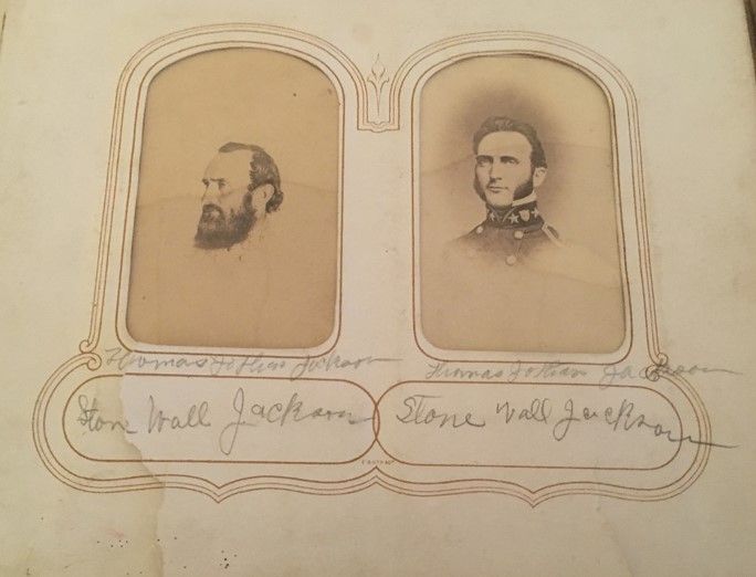 Two side-by side portraits of General Thomas "Stonewall" Jackson, a white man with dark hair, a beard (in one image) and  short hair and sideburns (in the other).