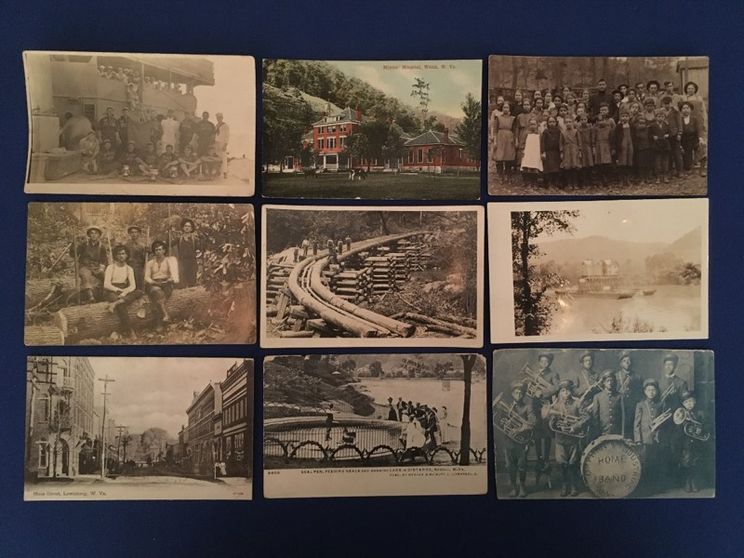 A selection of nine postcards including, railways, groups of people, a street downtown