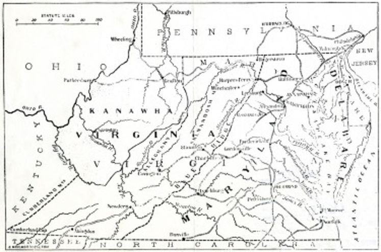Map allegedly proposed by Edwin Stanton, describing would become West Virginia as "Kanawha."