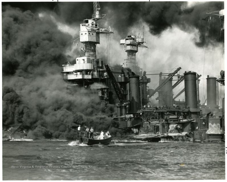 Photograph of USS West Virginia being attacked at Pearl Harbor