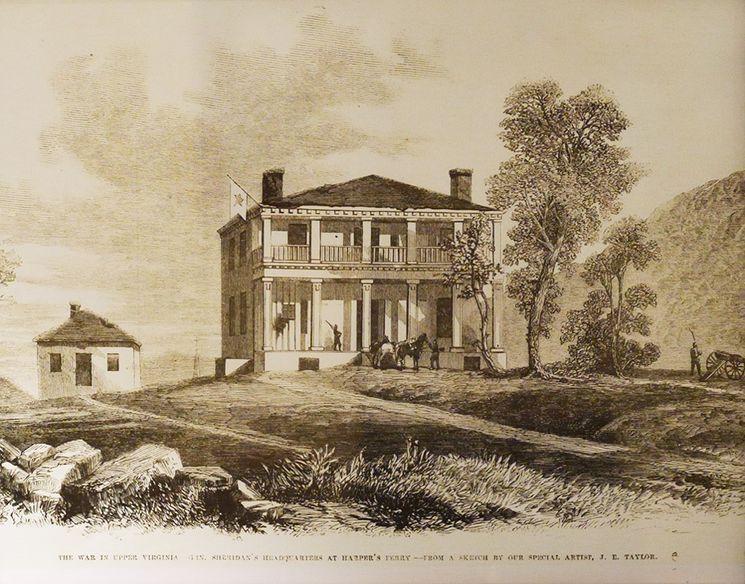 A sepia-toned illustration of a tall mansion in a grassy field. There is a tree to the right. The house has two stories, the top with a fenced balcony that spans the front. The front of the first floor has pillars in front of a porch. 