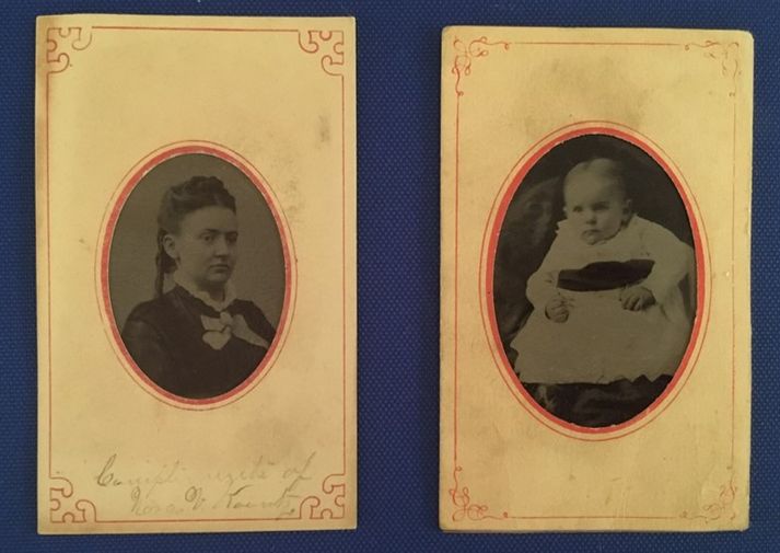 Two tintype portraits, both small ovals surrounded by a cream colored photo card. One is a young woman, and the other is a baby in a white gown.