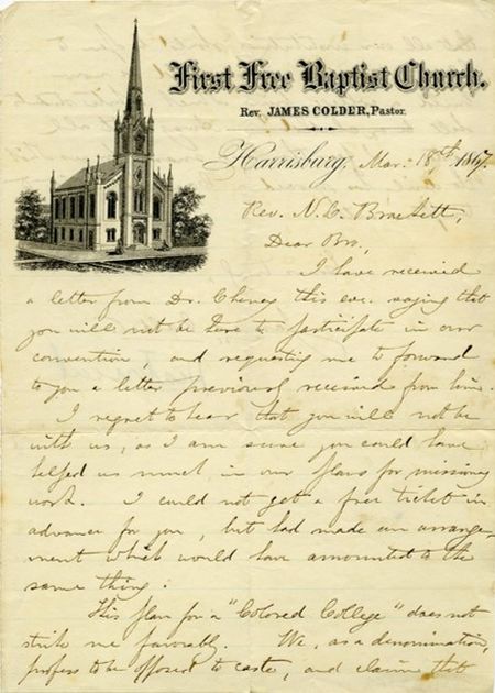 A letter by James Colder, it has an image and letterhead of the First Free Baptist Church in the upper lefthand corner