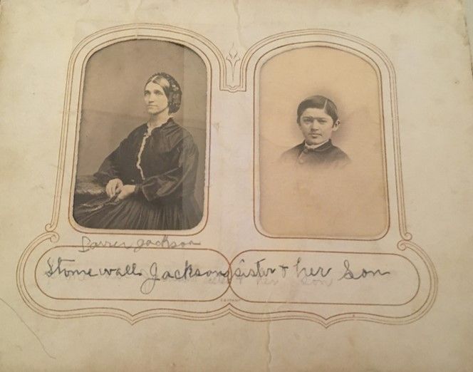 Two side-by-side carte de visite images, the left of a young woman in a dark colored gown and the right a young boy with neatly parted hair