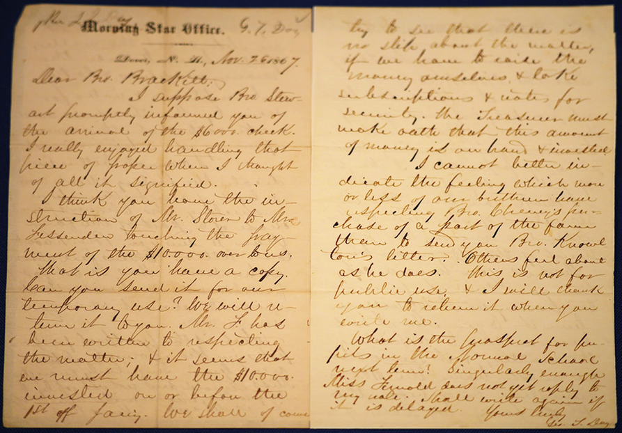 A two-page spread of a letter from Reverend George Tiffany Day to Nathan Brackett. 