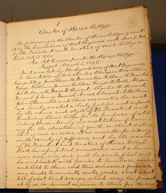 A page from the Charter of Storer College, Record book No.1. It is written in cursive on yellowed paper. 