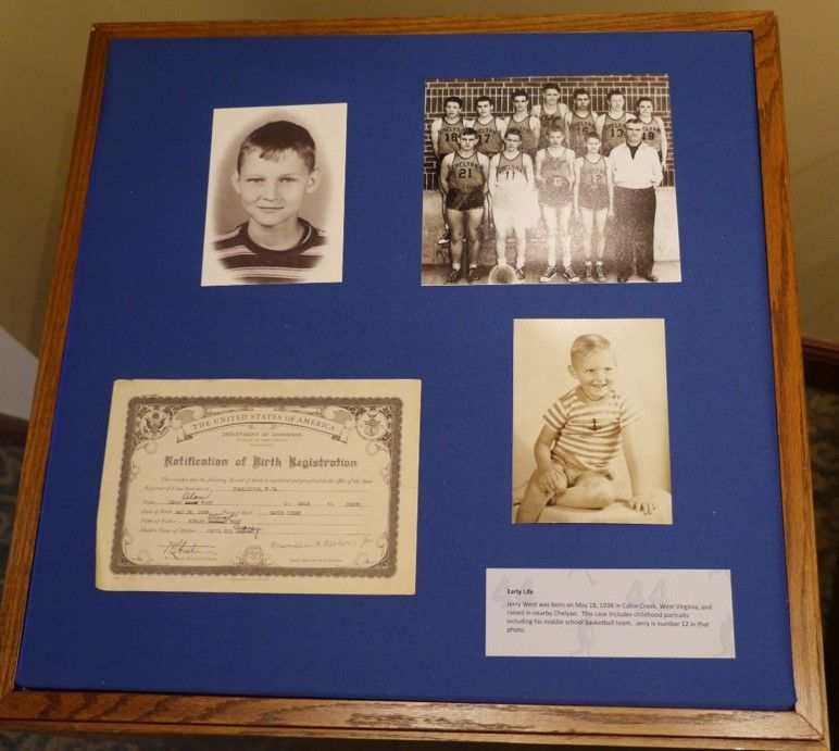 A collection of a birth certificate and 3 photos of Jerry West at different ages, a baby, a small child, a middle school basketball photo. They are displayed on a blue background 