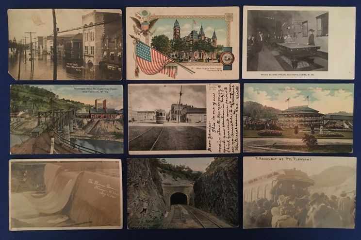 A selection of 9 postcards, including illustrations, an american flag in front of a building, a railway tunnel, and town streets