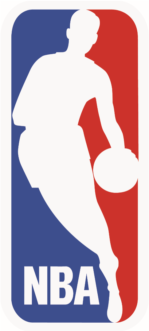 the NBA logo as we know it: a vertical rectangle with rounded corners, the left side is blue and the right is red, split down the middle with a white sillohuette of a running player with a ball. to the left, the letters "NBA" in white