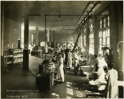 A large warehouse with high ceilings and windows where several women work at large sewing stations 