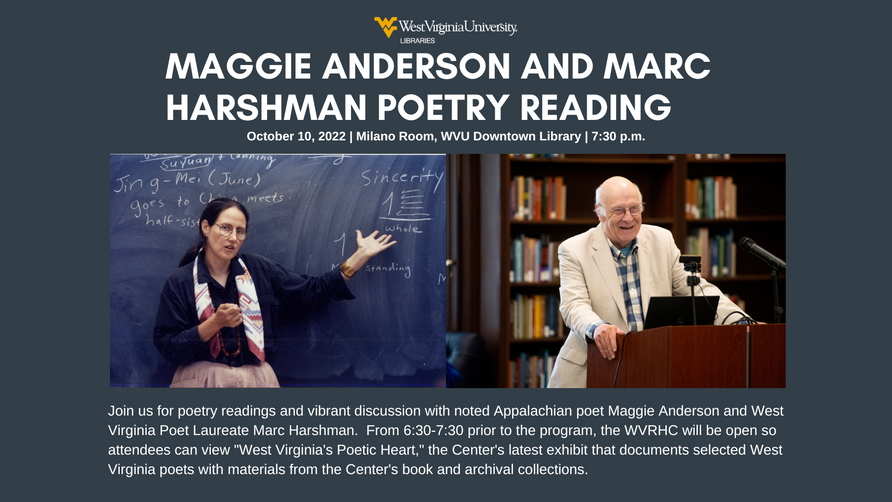 A flier descriping the details of the poetry reading, with photos of Maggie Anderson and Marc Harshman. Anderson is a thin woman with dark hair and glasses, Harshman is an older man with glasses standing behind a podium.