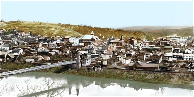 a colorized photo of Morgantown in 1880. 