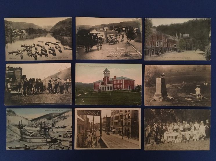 9 postcards including landscapes, large buildings, and a large group of people.