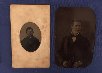two tintype portraits, the one on the left is a small oval surrounded by a large cream colored framing card. the one on the left is a rectangle with rounded corners, a portrait of a young man. 