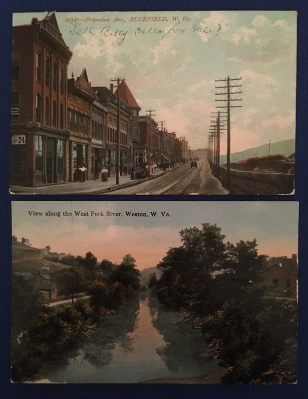 Two colored postcard images, one of a street lined by buildings and one of a river with groves of trees on either side