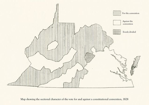 Map showing sectional character of vote for and against a constitutional convention, 1828