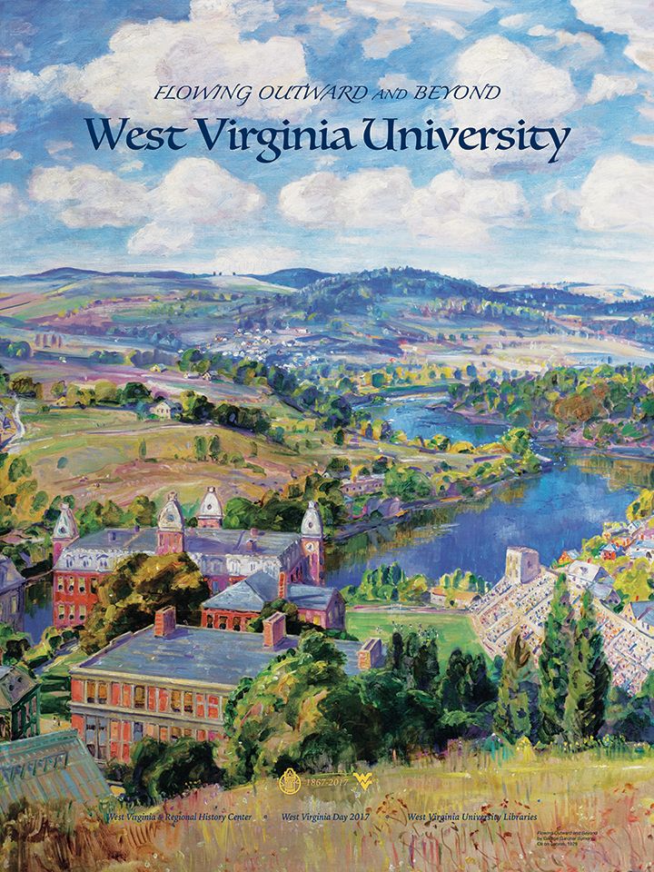 Text "Flowing Outward and Beyond" and "West Virginia University" over a scenic painting of WVU campus buildings and rolling hills and sky