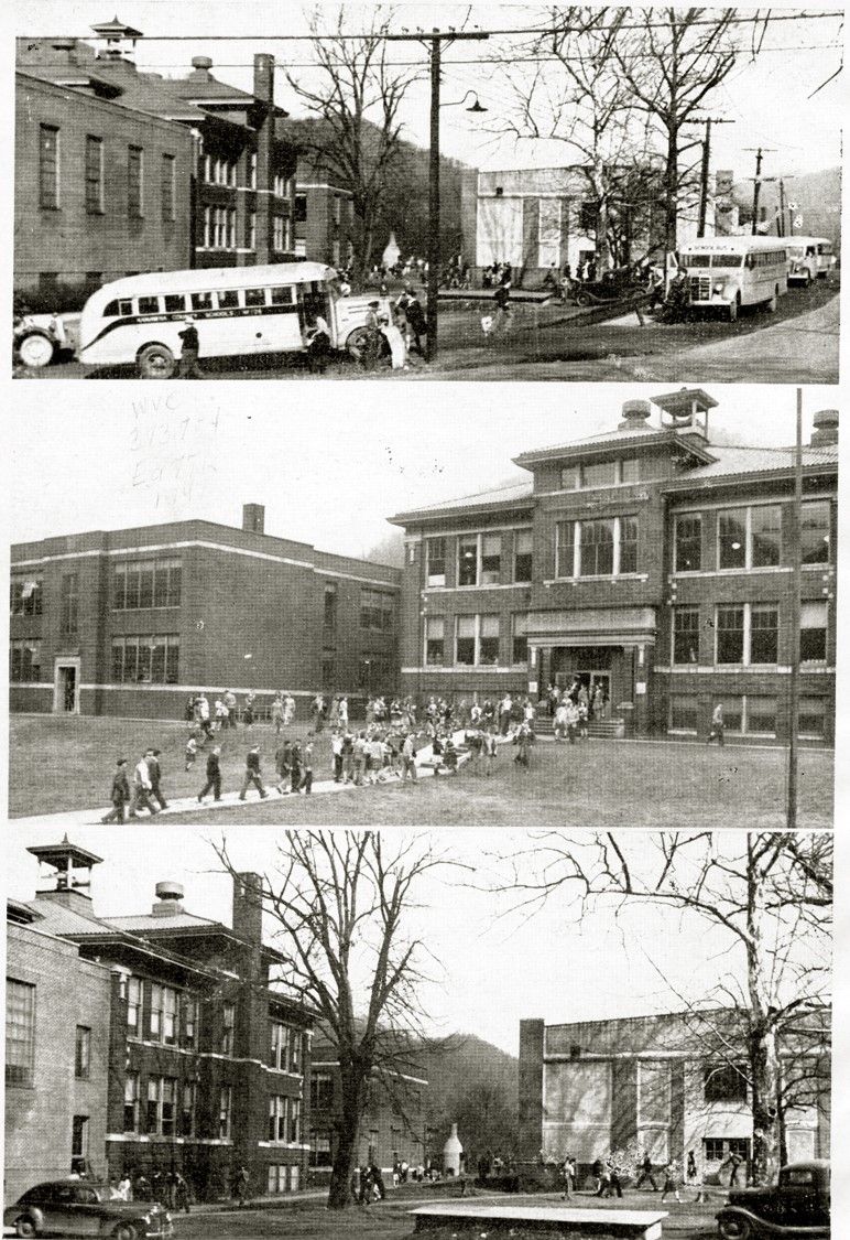 Three photos in a row, all showing East Bank High School, a two story building made of brick, with columns at each level, from different angles. 