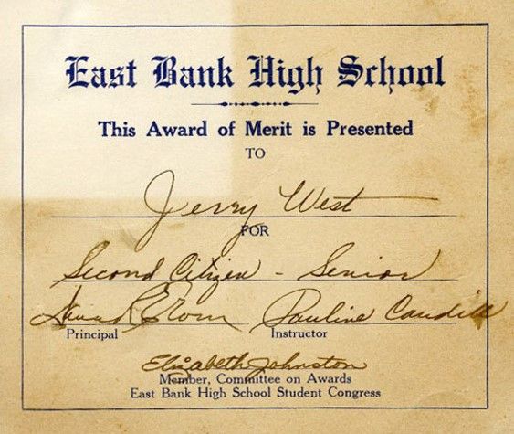An East Bank High Merit award, presented to Jerry West. 
