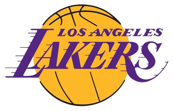 the lakers logo: a golden yellow basketball, and overlaid in a purple font, drawn with lines indicating speed, "Los Angeles lakers"