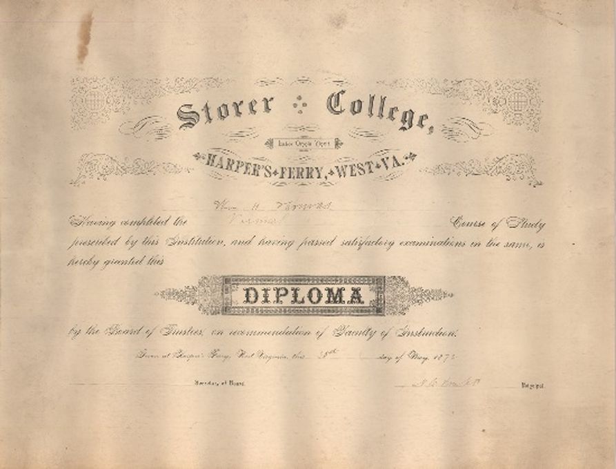 A piece of paper that reads "Storer College, Harpers Ferry,  West Va. Diploma"