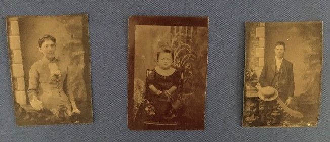 three tintype portraits: one of a young woman, one of a small child, and one of a young man. 