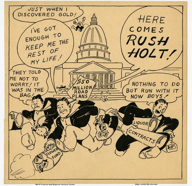 Political cartoon about Rush Holt featuring the U.S. Congress in the background and members running from the building