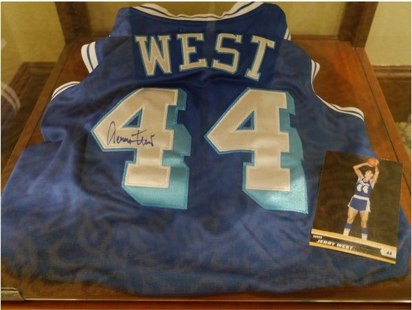A display of Jerry's jersey. it is blue and has the number 44