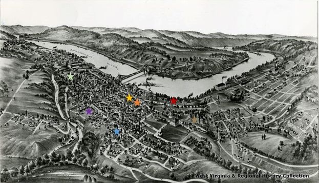 A black and white 3-d map of Morgantown with different colored stars to mark the locations of education institutions. 