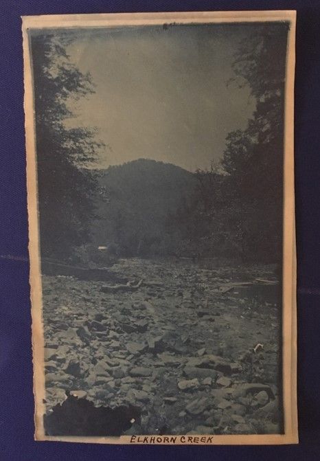 A faded dark blue portrait orientation photo of the outdoors: a large clearing full of small rocks, trees on either side, and a large, tree-covered mountain in the background. Along the bottom is written "Elkhorn Creek"