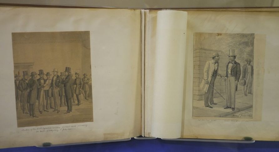 Two side-by side illustrations by Joseph H. Diss Debar, who designed the WV state seal. On the left, a group of WV legislators wait for news on Gettysburg. 