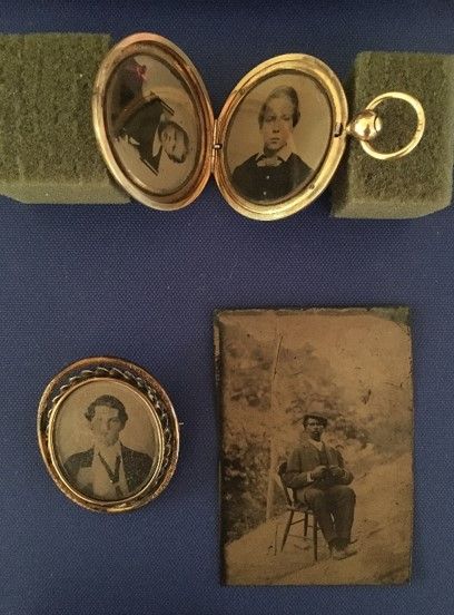 Three tintypes, one is images inside a locket, on is a small circular portrait, and the third is a rectangular portrait of a person sitting in a wooden chair outside.