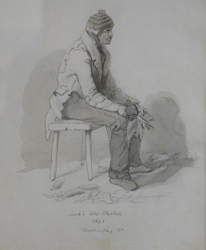 Pencil illustration by David Hunter Strother. A man sits on a wooden bench, looking to the right. He is wearing a jacket and winter hat. 
