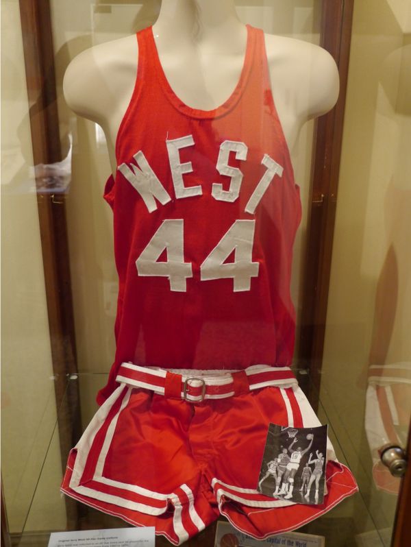 Jerry West all-star uniform, a bright red with white accents. The tank reads "West 44"