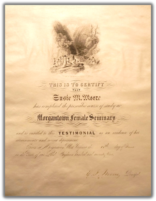 susan maxwell moore's diploma from the Morgantown Female Seminary, class of 1872