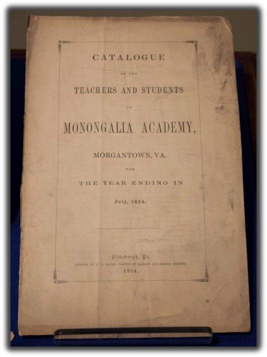a cream colored booklet that contains a list of teachers and students of monongalia academy 1854