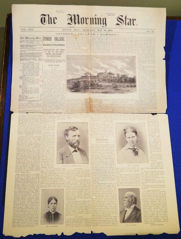 A paper, opened and displayed vertically, with a masthead reading "The Morning Star" along the top. Above the fold is text and a picture of a landscape; below the fold is text and images of four people. 