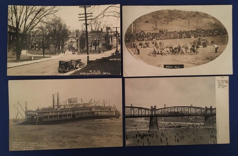 A selection of four postcard images: a street in a town, a large field with hundreds of people, a large shipping vessel, and a large bridge over a river.